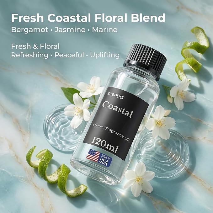 Scentia Coastal (Cabana) Diffuser Oil Refill – Hotel Fragrance Oil Inspired by 5-Star Spa – 120 mL – Jasmine, Bergamot & Sea Breeze Long-Lasting Scent for Ultrasonic & Waterless Diffusers, Made in USA