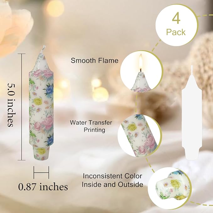 5 inch Short Candle Floral Candle Sticks Printed Candlestick Handmade Unscented Taper Candle 4 Pack Beautiful Flower Tapered Candles for Home Dinner Wedding Holiday