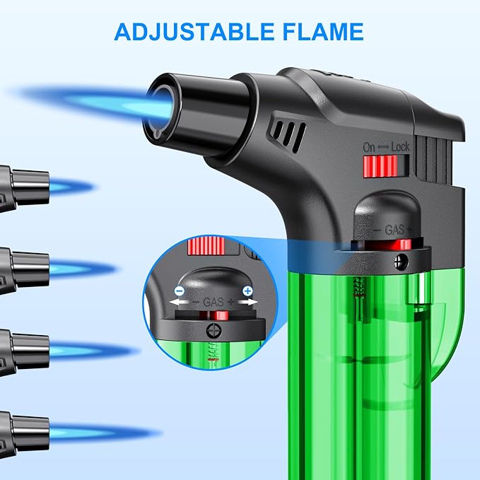 Torch Lighters, 4 Pack, Butane Refillable Jet Flame Torch Lighter, Windproof, Safe, Multi Utility Lighter for Candles, Fireplaces, Campfires, Grill (Without Butane) (Black/Red/Blue/Green)