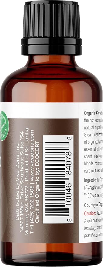 Viva Doria Clove Bud Essential Oil, USDA Certified Organic Clove Oil, 100% Pure, Natural Essential Oil, Undiluted, for Aromatherapy | Food Grade, 30 mL (1 Fluid Ounce)