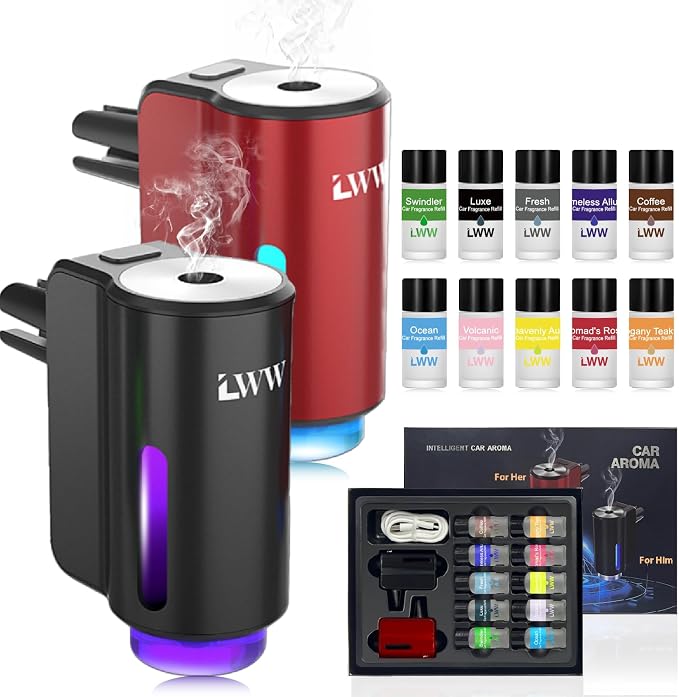 Car Air Freshener Diffuser, Portable Intelligent Car Aroma Diffuser with 3 Adjustable Modes, Rechargeable Car Aromatherapy Machine,Travel Essentials Gifts for Women Men, Long-Lasting (10Scents)