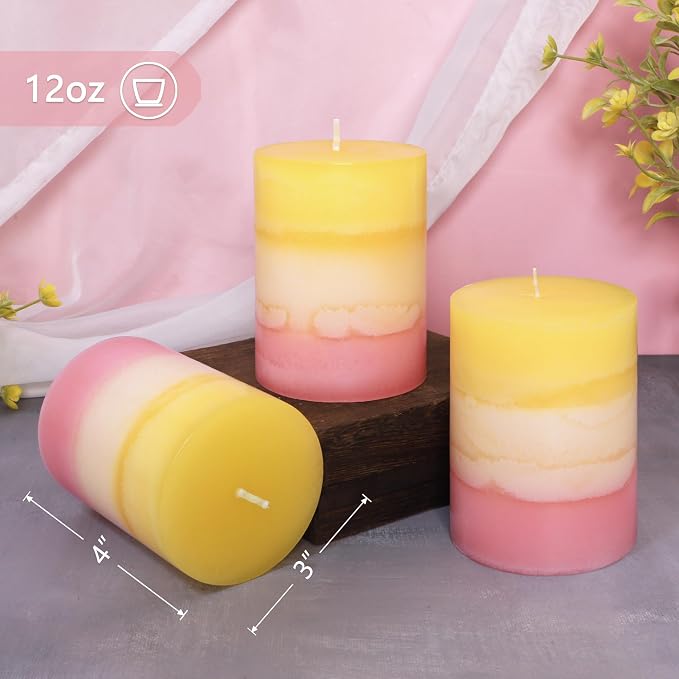 Sweet Scented Candles 3x4 Inch Pillar Candle Honeysuckle Scented Layered Yellow White Pink Aesthetic Decorative Candle for Living Room Bathroom Emergency Spa Aroma Birthday Gift Party Decor, Set of 3