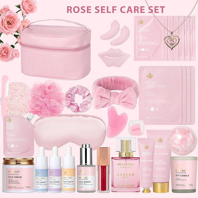 Gifts for Women, Birthday Gifts, 33 Pcs Rose Hydrating Face Skin Care Gifts Set, Bath & Body Spa Gifts Basket Set for Women, Beauty Care Kit, Makeup Bag, Face Serum, Christmas, Anniversary, Wife, Mom