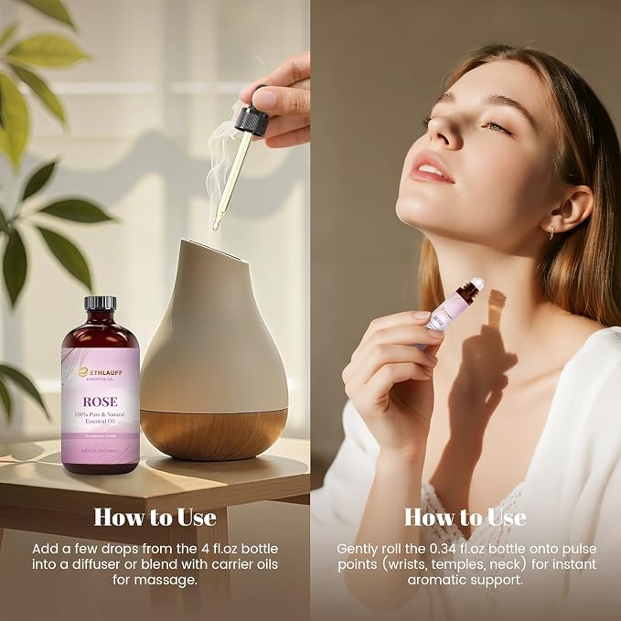 Rose Essential Oil, 100% Natural Rose Oil Premium Grade for Diffusers, Skin Care, Massage, Humidifiers, DIY Candles, Soap Making, with Glass Dropper