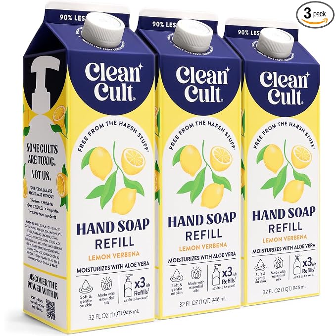 Cleancult Liquid Hand Soap Refills - Lemon Verbena - Moisturizes Dry & Sensitive Skin - Made with Aloe Vera & Essential Oils - Eco Friendly - Paper-Based Packaging - 32 oz/3 Pack