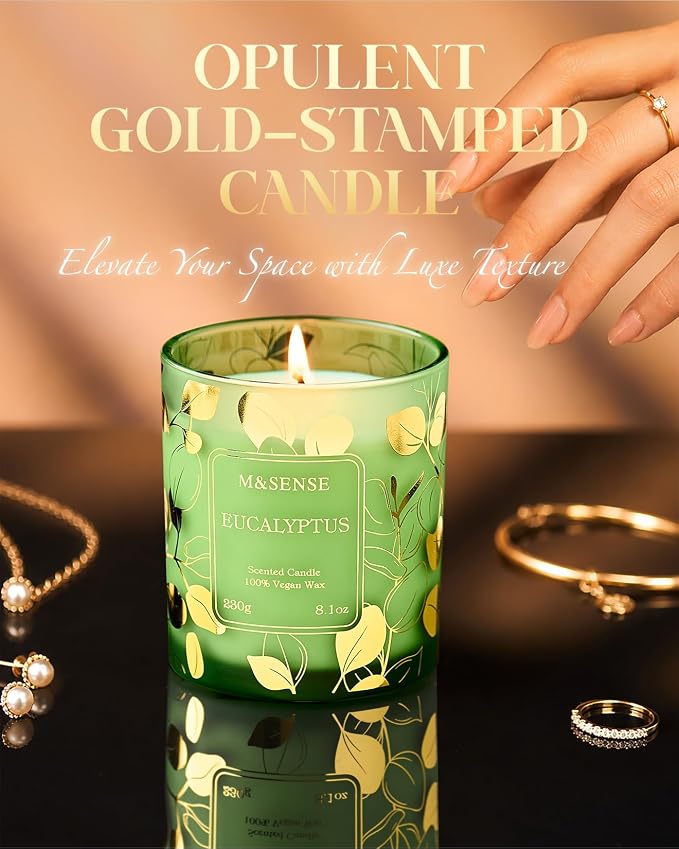 M&SENSE Eucalyptus Soy Candle, 8.1oz 42-Hour No Toxin Slow Burning, Cool Spa Aromatheraphy, Summer Shower Wellness Gift