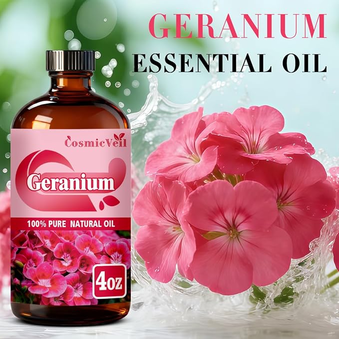 Geranium Essential Oil Geranium Oil for Aroma Diffuser,Humidifier,Home Fragrance,Cleaning,Body Care,Massage,Yoga,DIY Candle,DIY Soap CosmicVeil（Geranium，4 Fl Oz (Pack of 1)）