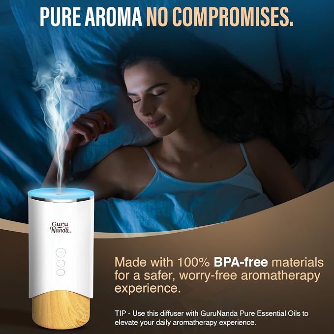 GuruNanda Calm Aura Essential Oil Diffuser, Sleek Modern Corded Electric Aromatherapy Diffuser with Turbo & Mist Modes, Auto Shut-Off Safety, Covers 250 Sq Ft, White, 100 ml