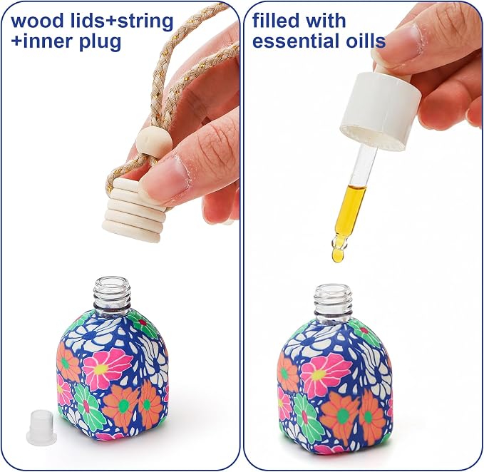 Covzoe 30 Pack Car Diffuser Bottles, Refillable Hanging Car Air Freshener Glass Bottles Bulk, Empty Soft Clay Perfume Bottle Pendant for Fragrance Perfume Aromatherapy, Color Random