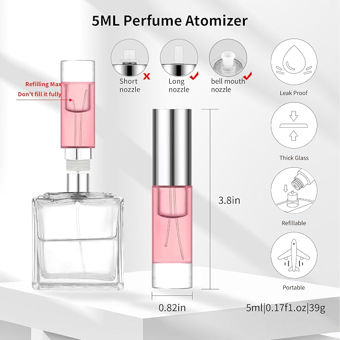 MUB Perfume Travel Refillable Atomizer Bottle 5ml Glass Overmolding Unique Top-Filling Leak-Proof Spray Bottle Atomizer Sprayer for Perfume Cologne Mini Travel Size Empty Pocket Portable - pink