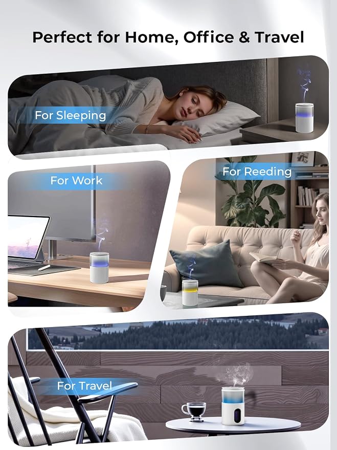 Waterless Essential Oil Diffuser: 𝟗 𝐂𝐨𝐥𝐨𝐫𝐬 𝐋𝐄𝐃 Scent Diffuser for Home&Car&Office - Portable Diffuser with 48H Battery, 4 Timers & 3 Mist Levels, Snow White