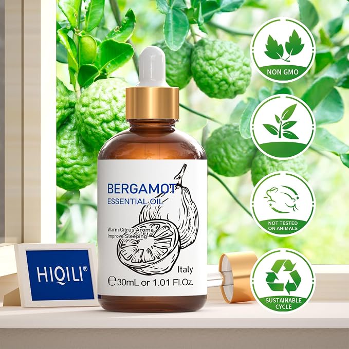HIQILI Bergamot Essential Oil for Diffuser, Skin, Hair, DIY, 1.01 Fl Oz (30 mL)