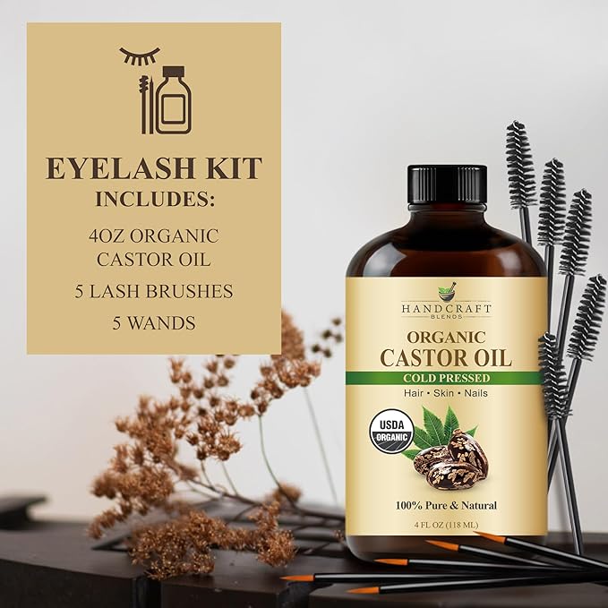 Handcraft Blends Cold-Pressed Organic Castor Oil 4 Fl Oz | Glass Bottle | Lash Brushes | 100% Pure and Natural | Premium Grade Carrier Oil | Hair, Eyelashes and Eyebrows | Hair and Body | Cold-Pressed