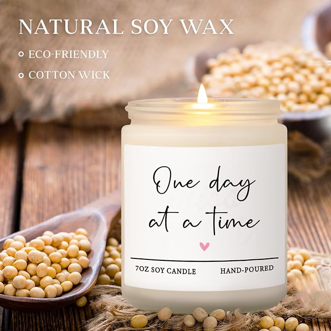 Shqiueos Get Well Gifts for Women Men, Thinking of You Gift-One Day at A Time Lavender Scented Candle 7oz, Inspirational Breast Cancer Care Present, Encouragement Sympathy Bereavement Christmas Gift