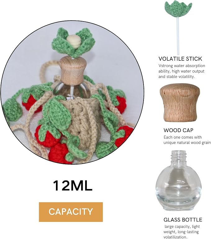 ROFIGL Handmade Crochet Hanging Car Air Freshener - Sweet Cherry Charm with 12ml Refillable Glass Essential Oil Bottle, Cute Car Accessories for Women & Bedroom Floral Decor