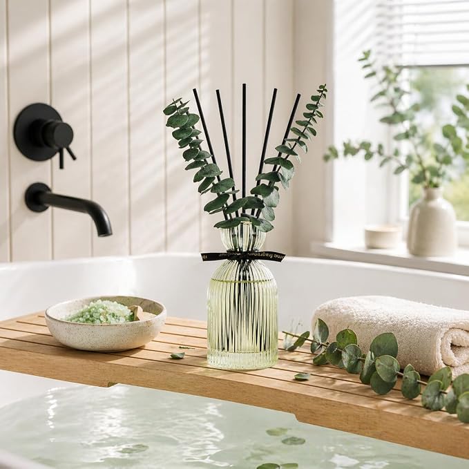 Airkeep Reed Diffuser Set 6.76 oz – Wild Mint & Eucalyptus Decorative Home Fragrance with Eucalyptus Sticks, Ribbed Glass Diffuser for Bathroom & Bedroom Décor, Gift Ready