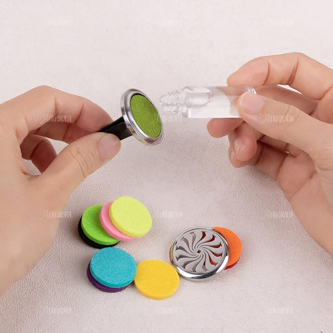 AUEAR, Car Diffuser Vent Clips Aromatherapy Essential Oil 30mm Stainless Steel Air Fresheners Lockets with 10 Felt Refill Pads for Women Men (Style F)