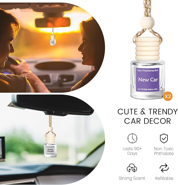 Hanging Car Air Freshener, Long Lasting Essential Oil Diffuser, Non-Toxic New Car Scent, Cute Car Fresheners for Women, 2 Pack Made in USA