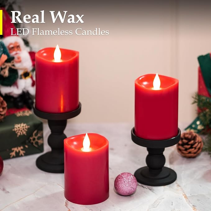 3-Pack 3x4 inch Flameless Candles: Realistic Flameless LED, Battery-Powered Pillar Candles with Remote & Timer, Fake Candles for Fall Decor, (Red, 3"*4"-3pcs)