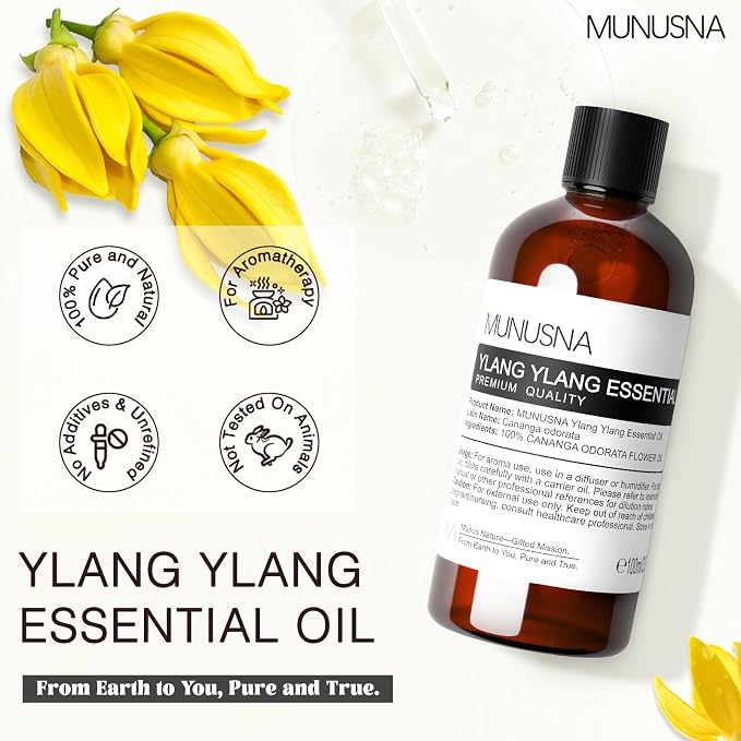 Ylang Ylang Essential Oil 100ML, 100% Pure and Natural Ylang Ylang Oils Aromatherapy Oil for Diffuser, Skin Hair Care, Massage, Yoga, Home, Soap and Candle Making
