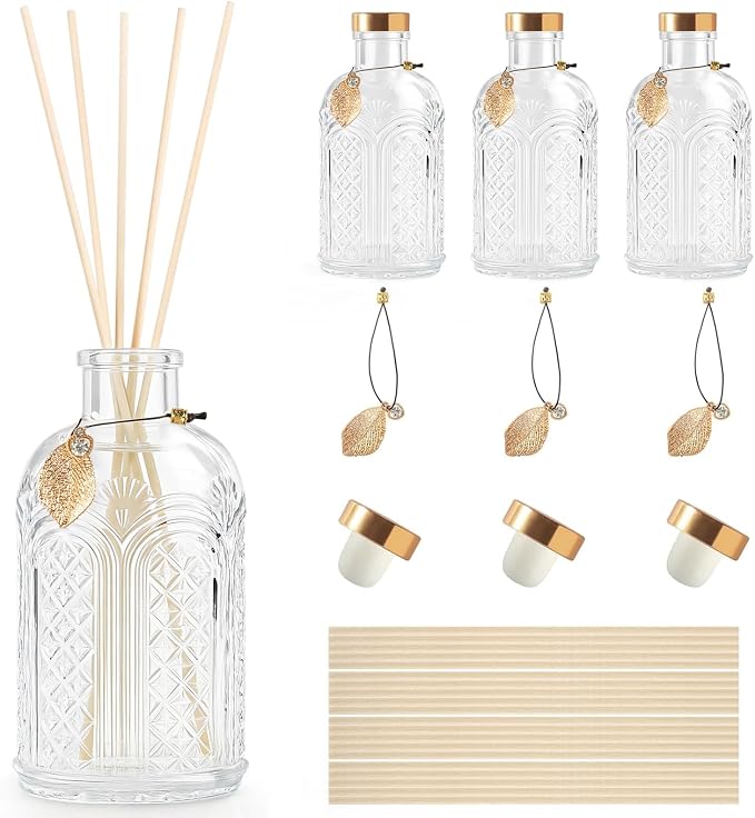 Glass Reed Diffusers Bottles for Home, Diffuser Bottles with 20PCS Reed Diffuser Sticks, Vintage Embossed Apothecary Style Flower Bud Vases with Cork Lids, Set of 3