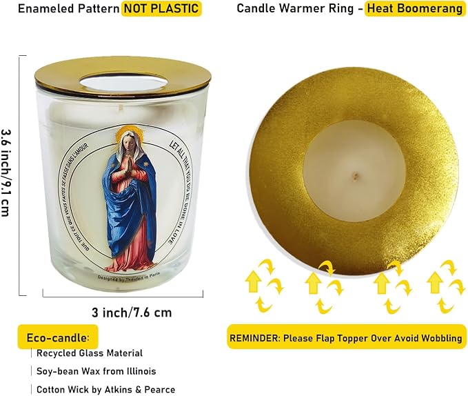 Mother Virgin Mary Candle 50 Hours with Warmer Ring│Natural Soy Wax│Catholic Ritual, Family Protection, Spiritual Guidance, Miraculous Blessing, Eternal Love, Grief Comfort│Design in Paris│3“×3.6”