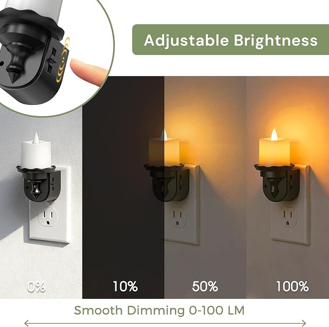 L LOHAS LED Flameless Candle Night Light, Flicker Night Lights Plug into Wall 2 Pack, Amber Candle Nightlight with Light Sensor, 0-100LM Dimmable LED Flickering Nightlights for Kids Hallway Bathroom