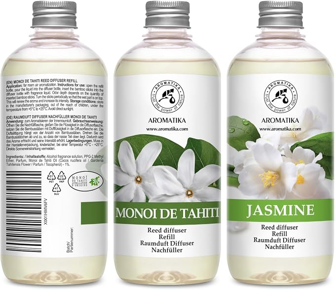 Reed Diffuser Refill Monoi de Tahiti and Jasmine Reed Diffuser Refill - 2 x 17.0 Fl Oz - Room Freshener - Fresh & Long Lasting Fragrance - for Aromatherapy - Gift Idea