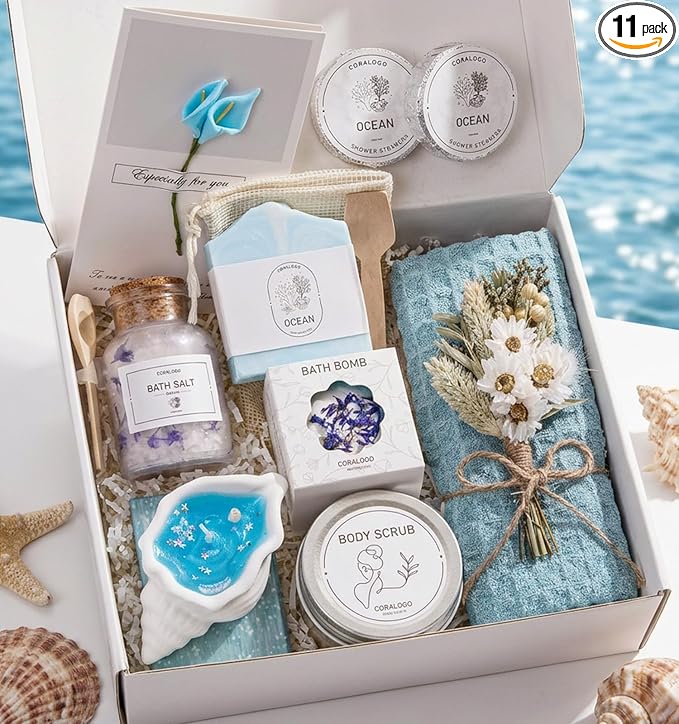 Ocean Spa Gifts for Women - 11pc Self-care Spa Gift Basket with Scented Candle, Bath Salt, Greeting Card - Thinking of You Basket for Her Birthday, Christmas, Mother's Day, Valentine's Day