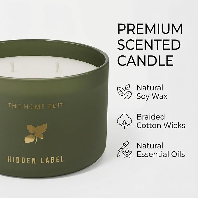 Hidden Label Basil Lime Mandarin Soy Candle, 10oz 2-Wick, 45H Kitchen Fresh | Herbal Citrus Aromatherapy | Non-Toxic Vegan Phthalate-Free | Even Melt No Tunneling | Sage Frosted Reusable Gift Jar