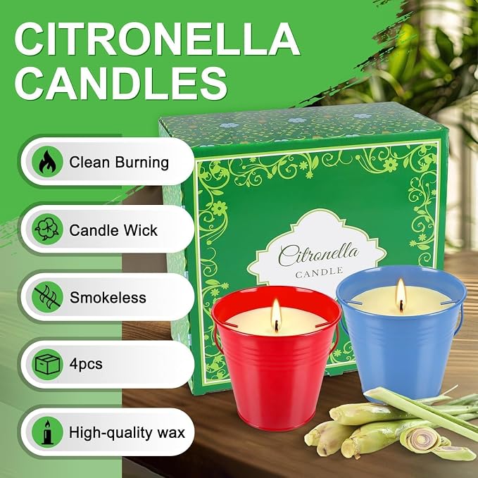 Citronella Candles Outdoor Set of 4-12oz Multicolor Soy Wax Candles, Clean Burning Smokeless for Patio Garden Balcony Decor, Long-Lasting Outdoor Candles with Natural Soy Wax Blend