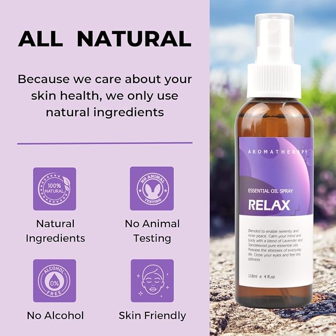 Benatu Lavender Sandalwood Essential Oil Blend Spray for Body and Hair, Multi-Use Natural Relax Scent Aromatherapy Room Mist for Pillow, Fabric, Bedding, Linen, Car 4 fl oz