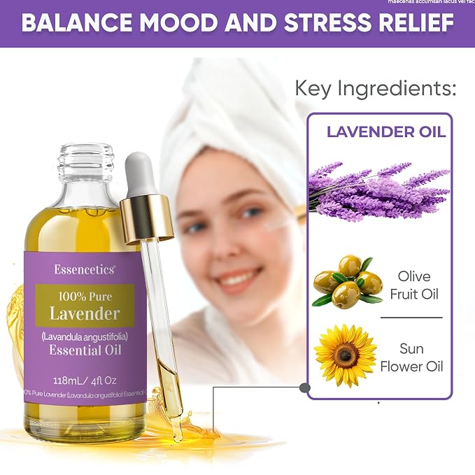 Organic Lavender Essential Oil for Diffuser 4oz - 100% Natural - Therapeutic Grade Pure & Organic Lavender Oil for Aromatherapy Skin Hair & Diffuser