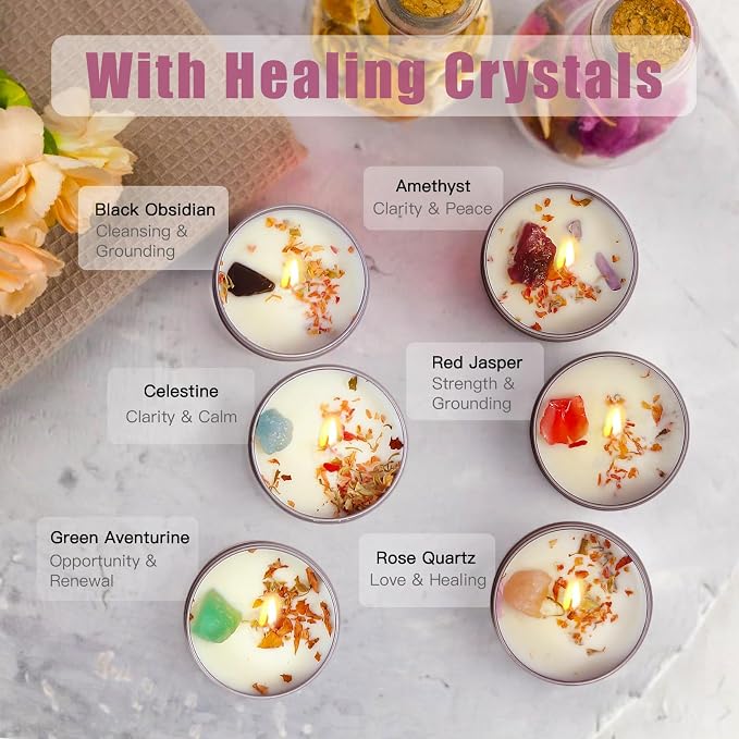 Chakra Crystals Candle, 3 Scented Soy Candles with Crystals, Spiritual Gifts for Women, Birthday Gift, Aromatherapy Chakra Candle with Healing Stones, Healing Candles (Heartfelt Balance Set)