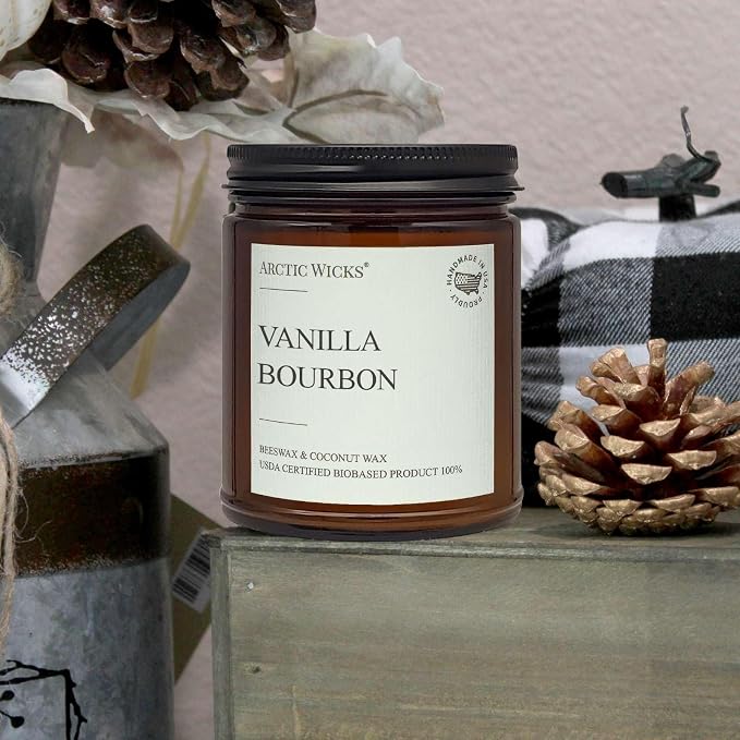 Vanilla Bourbon Candle | Arctic Wicks 9oz Coconut & Beeswax Candles | Scented Non-Toxic Candles for Fall, Winter, Holidays, Gifts for Him, Whiskey Bourbon, Vanilla Candle | USDA Certified Biobased
