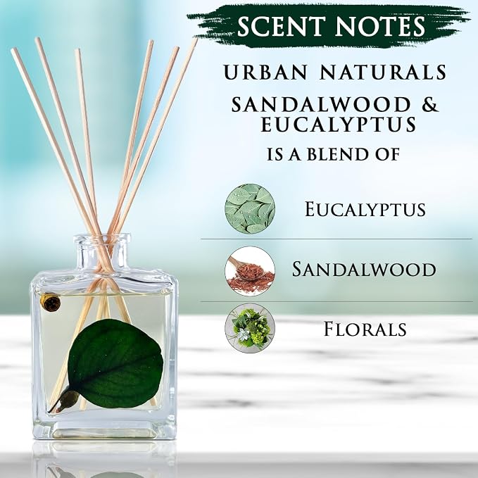 Urban Naturals Sandalwood & Eucalyptus Reed Diffuser Set – Made with Essential Oils & Real Botanicals – Sleek Rectangular Refillable Glass Bottle – Made in the USA