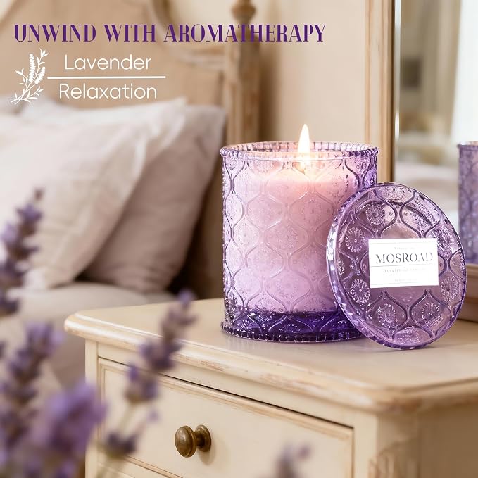 Dream Weaver Lavender Scented Jar Candle - Relaxing & Calming Aromatherapy Candle for Sleep, Natural Soy Wax Lavender Home Scented Candles for Stress Relief & Meditation, 50-Hour Long Burn Time