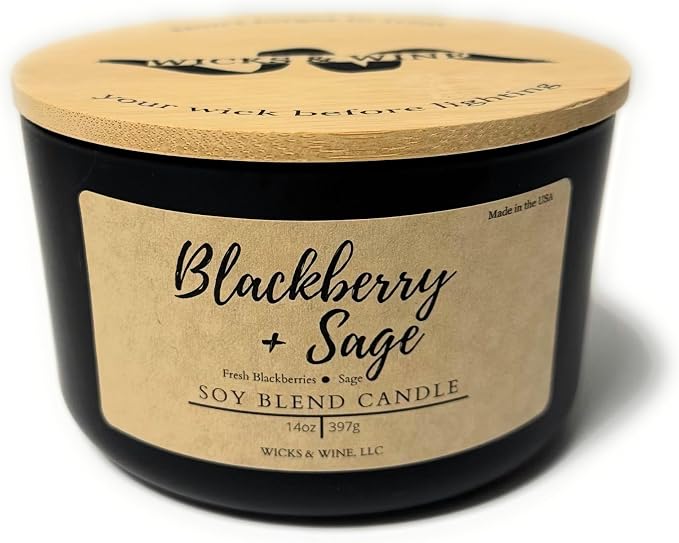 Wicks & Wine Soy Blend 3-Wick Cotton CORE Candle 14oz (BlackBerry Sage)