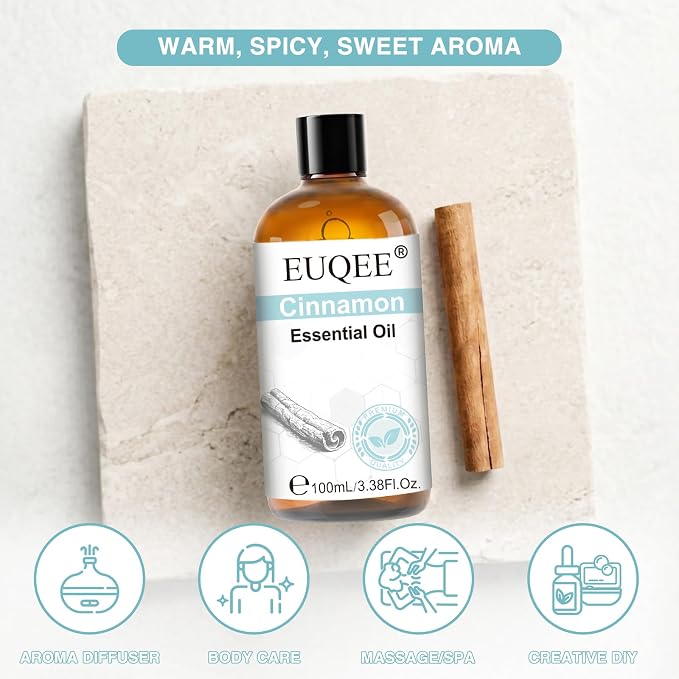 EUQEE 100ml Cinnamon Essential Oil, Pure Cinnamon Essential Oil for Diffuser, Massage, DIY Soap,Candle Making, Skin & Hair Care - 3.38 Fl Oz