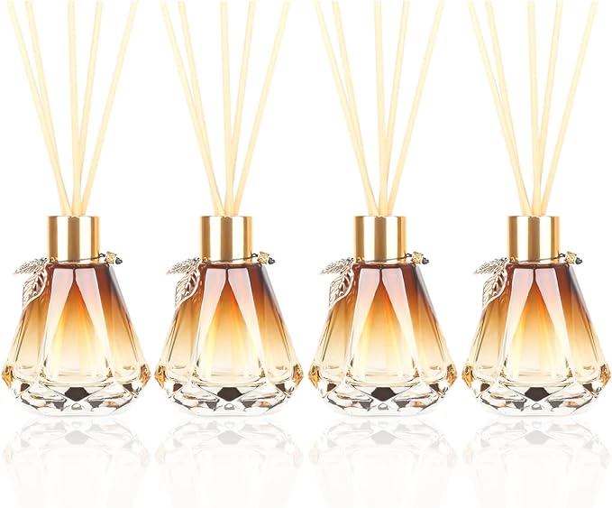 Reed Diffuser Set - 4 Empty Bottles with 20 Sticks, Delicate Gold Leaf Decor, Glass Fragrance Diffuser with Lids for Home, Bathroom | Refillable, Diamond Style (4 PCS Gold)