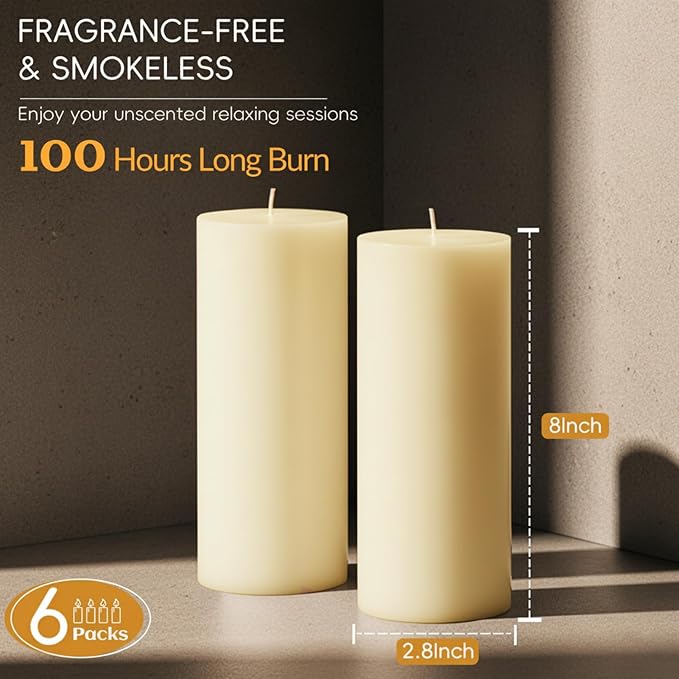 2.8x8 Inch 100 Hours Ivory Pillar Candles, 6 Pack, Long Burning Unscented Tall Pillar Candles, Large Candle for Holiday Decor, Home Decor, Emergency and Events,Dripless & Smokeless