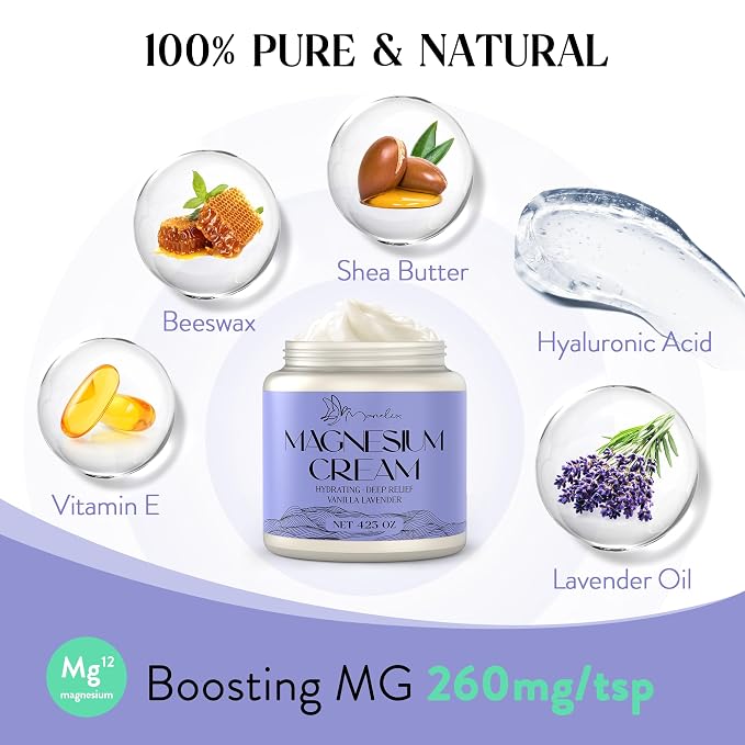 Magnesium Cream for Sleep - Topical Magnesium for Women, Muscle Relaxation, Calm, Moisturizing with Coconut Oil, Shea Butter & Hyaluronic Acid, 4.23 OZ, Safe for Kids (4.23 Ounce, Lavender)