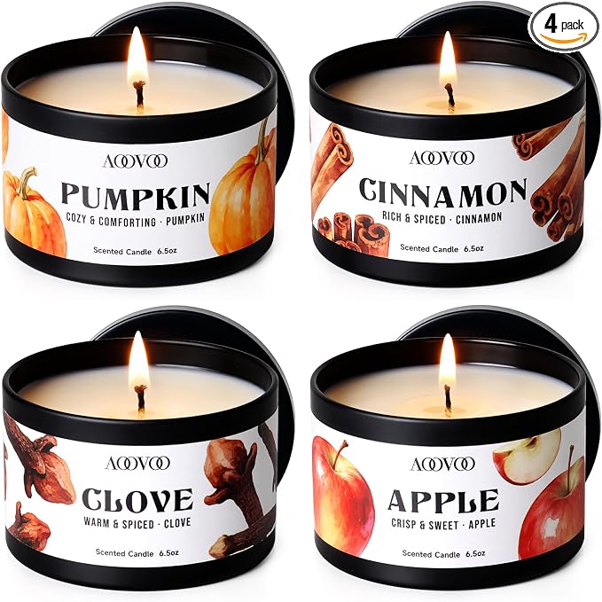 AOOVOO 4 Pack Fall Scented Candles - Pumpkin, Cinnamon, Clove Cinnamon, Apple Cinnamon Candle Set, 26oz 200 Hours Long Lasting, Soy Wax Candles Non Toxic for Home Fragrance Autumn Decor Gift