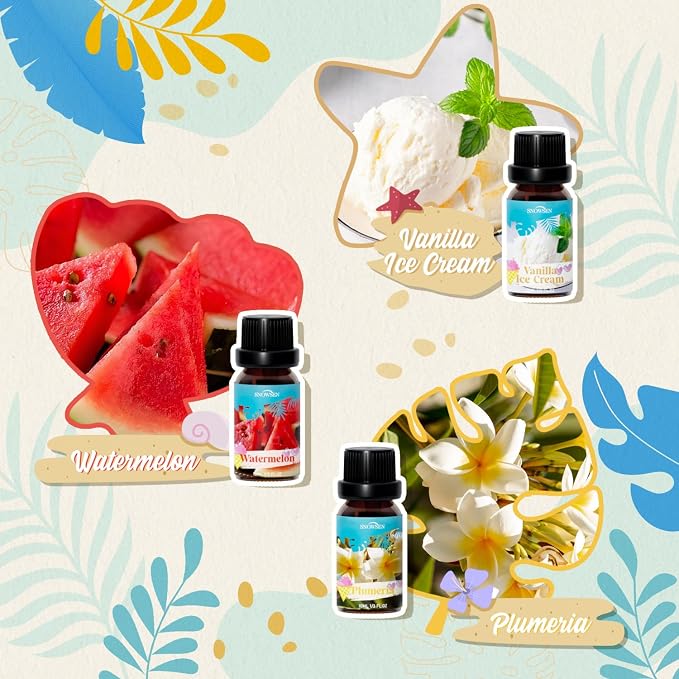 Summer Essential Oil Set for Diffusers for Home Premium Fragrance Oils - Includes Watermelon, Coconut, Ocean Breeze, Plumeria, Vanilla Ice Cream & Pina Colada, Candle Making Scents, 6X10ml
