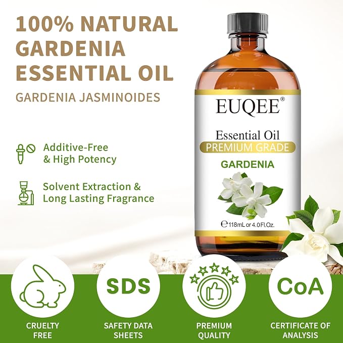 EUQEE 118ml Gardenia Essential Oil, Premium Grade Aromatherapy Oil Great for Diffuser, DIY Soap, Candle Making, Skin Care, Natural Gardenia Oil Floral Aroma for Mood (4Fl. OZ)