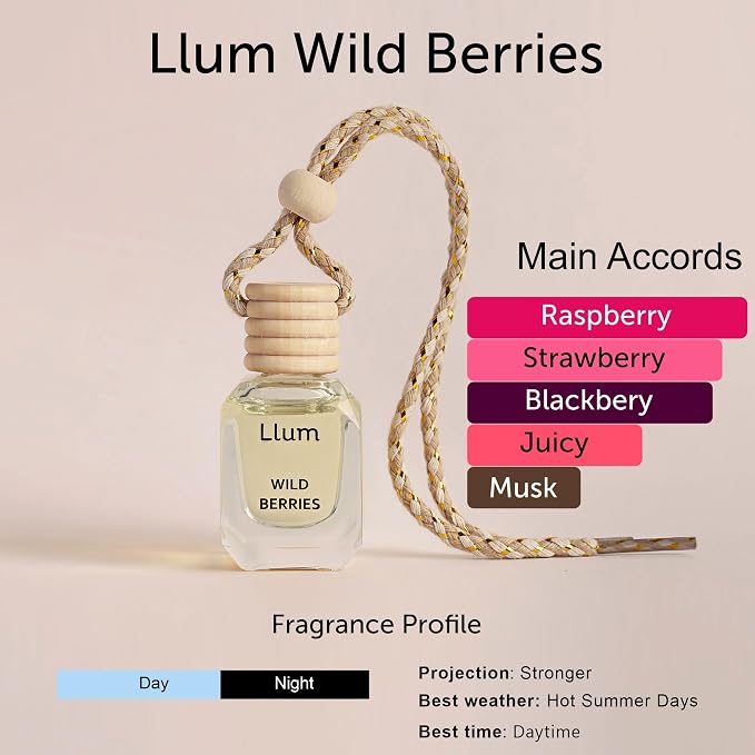 Llum Wild Berries Hanging Car Air Freshener – Luxury Automotive Perfume Diffuser 10ml (0.34 fl oz), Long-Lasting Fragrance, Alcohol-Free Non-Toxic Car Scent, Glass Bottle With Wood Cap