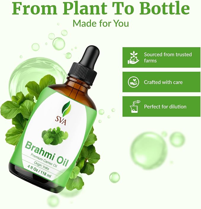 SVA Brahmi Oil - 4 Fl Oz – 100% Natural Cold Pressed Brahmi Oil - for Face, Skin Care, Hair Care, Scalp Massage & Body Massage – Carrier Oil with Dropper