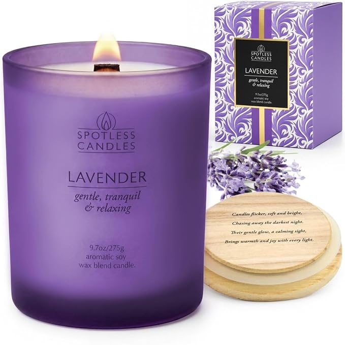 Lavender Candle; 9.7 oz:, 55 Hrs Burn Time, Soy Wax Purple Frosted Jar with Crackling Wooden Wick & Luxury Gift Box: Lavender Scented Candle by Spotless Candles