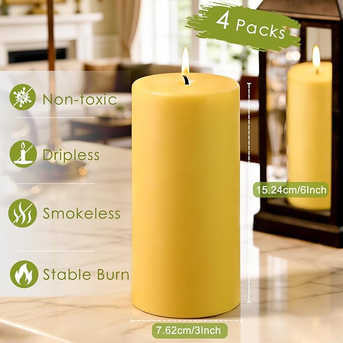 Natural Beeswax Candles Pillar 3x6 Inch, 4 Packs, Large Pure Beeswax Pillar Candles for Emergency Prayer Home Decor, 100 Hours Long Burning Time Bees Wax Candle for Relax, Smokeless & Dripless
