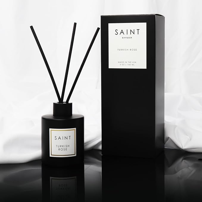 SAINT Reed Diffuser Set with Scent Diffuser Sticks, 5oz, Turkish Rose | Long-Lasting Oil Diffuser in Matte Black Glass Jar, Aroma Diffuser for Home, Bedroom, or Bathroom
